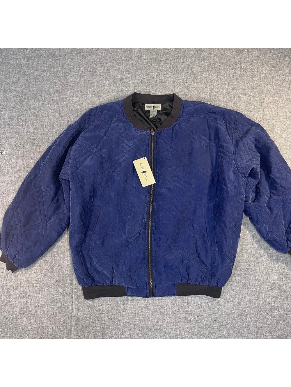 Robert Stock 90's Vintage Blue Silk Bomber Zip Up Quilted Jacket, Large NWT